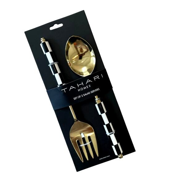 Tahari Salad Serving Spoon Fork Set of 2 Black & White Checkered Gold Glam New - Picture 2 of 7